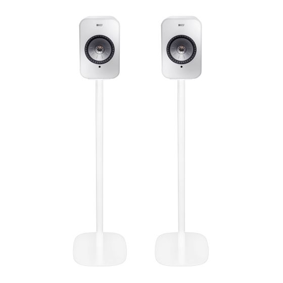 Par av Vebos stativ med KEF LSX i vitt utförande