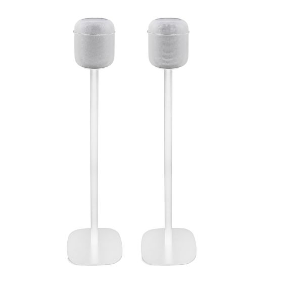 Par av Vebos stativ med Apple HomePod i vitt utförande