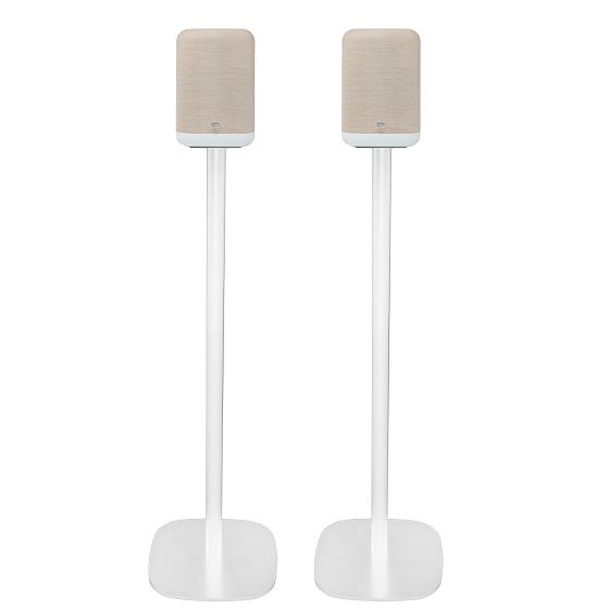 Par av Vebos stativ med Bluesound Pulse Flex P130 (2025) i vitt utförande