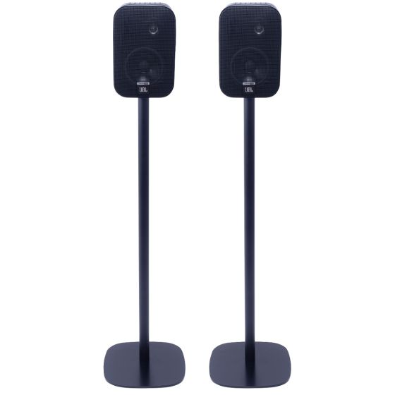Par av Vebos stativ med JBL Control One i svart utförande