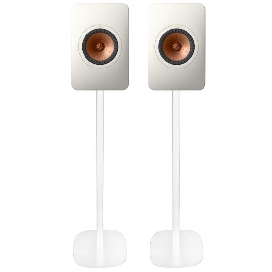 Par av Vebos stativ med KEF LS50 i vitt utförande