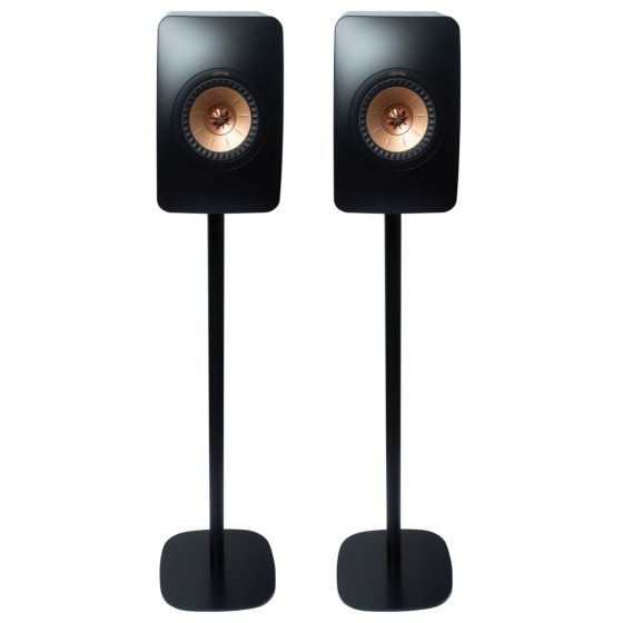 Par av Vebos stativ med KEF LS50 i svart utförande