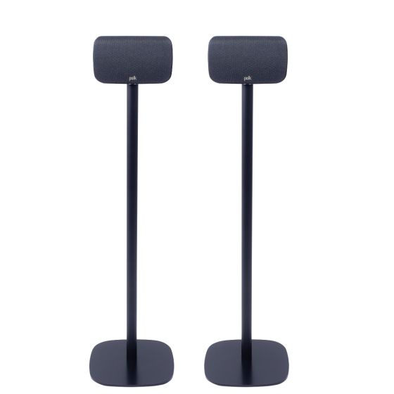 Par av Vebos stativ med Polk SR1 Wireless Surrounds i svart utförande