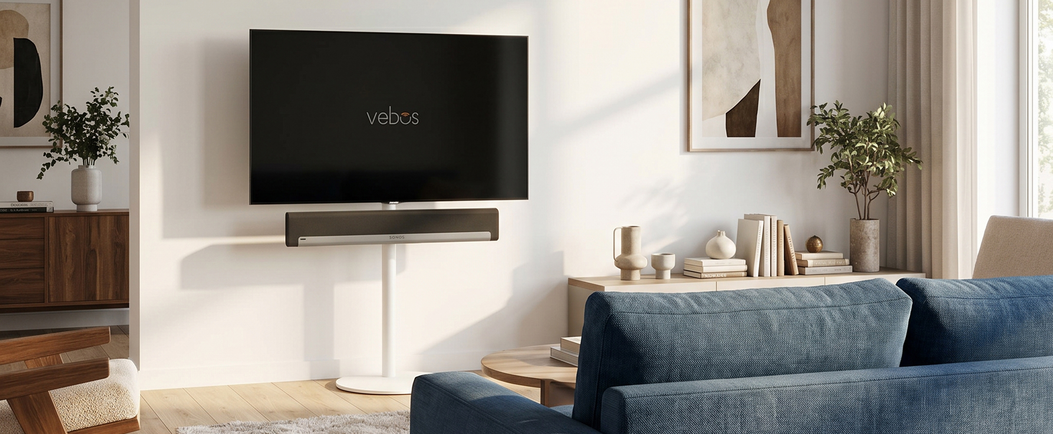 En TV monterad på ett TV stativ framför en neutral vägg.
